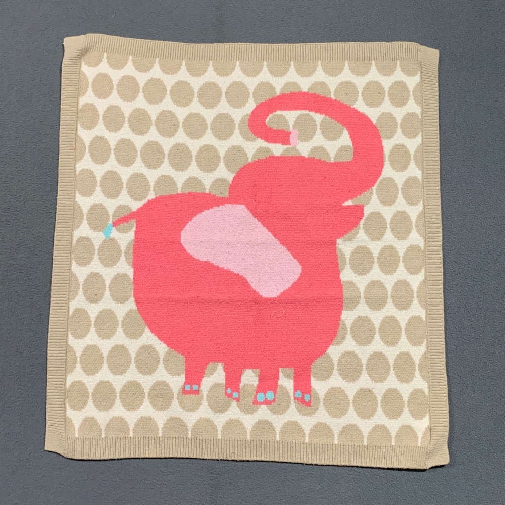 NYGB Pink Elephant Polka Dot Knit Baby Blanket Tan Ribbed‎ Trim 30x26 Nursery